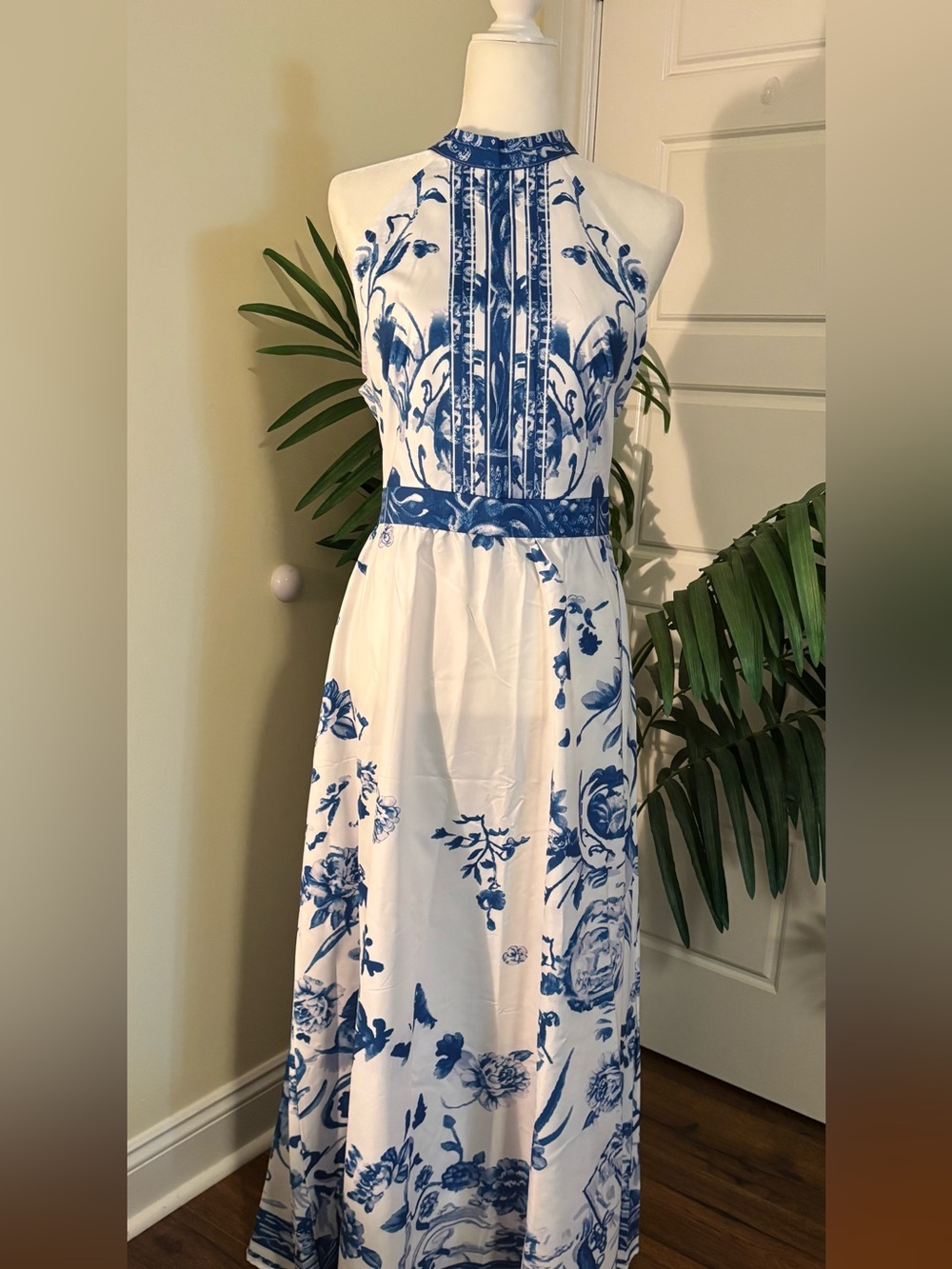 Blue & White Floral Halter Maxi Dress